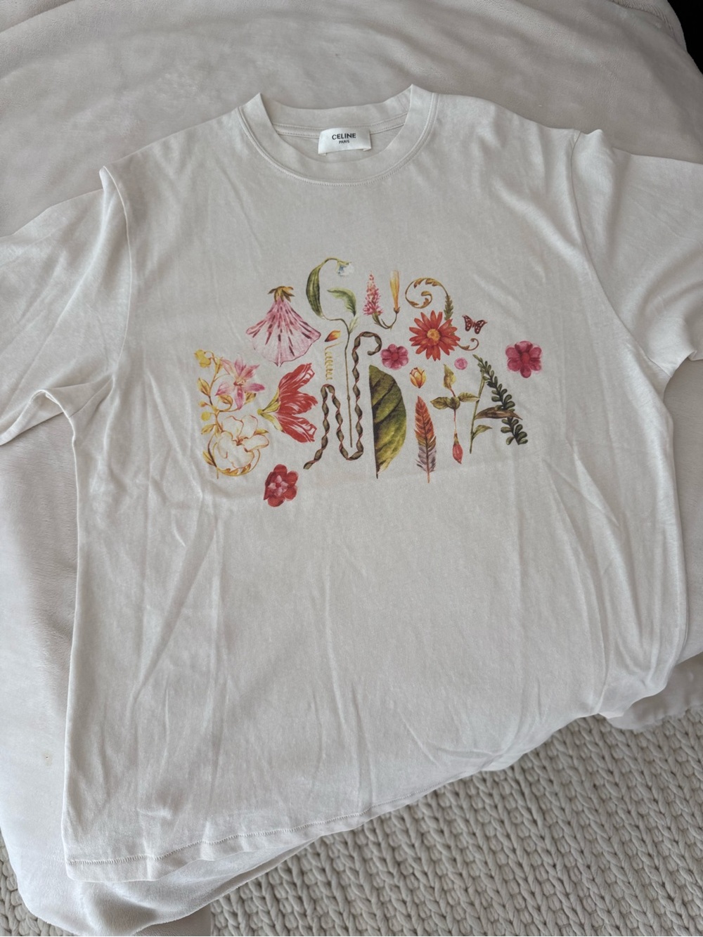 Celine White Kids Floral Motif Short Sleeve Tee